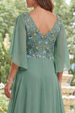 Vestido largo de Madre de la Novia verde salvia de gasa en línea en A, escote en V
