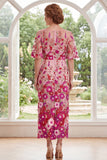 Vestido de madre de la novia bordado midi bordado en fucsia con cuello bateau y abertura
