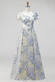 Vestido largo largo de madre de la novia azul polvoriento jacquard de cuello redondo