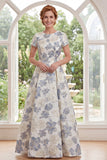 Vestido largo largo de madre de la novia azul polvoriento jacquard de cuello redondo