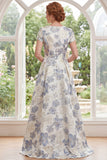 Vestido largo largo de madre de la novia azul polvoriento jacquard de cuello redondo