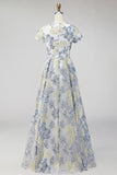 Vestido largo largo de madre de la novia azul polvoriento jacquard de cuello redondo