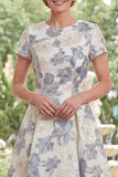 Vestido largo largo de madre de la novia azul polvoriento jacquard de cuello redondo