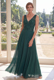 Vestido largo de madre de la novia de gasa verde oscuro con abalorios