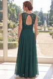 Vestido largo de madre de la novia de gasa verde oscuro con abalorios
