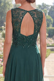 Vestido largo de madre de la novia de gasa verde oscuro con abalorios