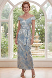 Vestido azul de hombros descubiertos bodycon Jacquard floral largo de madre de la novia con cinturón
