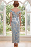 Vestido azul de hombros descubiertos bodycon Jacquard floral largo de madre de la novia con cinturón