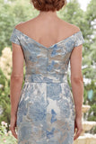 Vestido azul de hombros descubiertos bodycon Jacquard floral largo de madre de la novia con cinturón