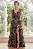 Vestido largo de madre de la novia Jacquard negro de línea en A con escote en V y largo vestido de madre de la novia