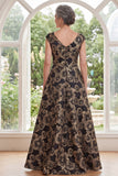 Vestido largo de madre de la novia Jacquard negro de línea en A con escote en V y largo vestido de madre de la novia