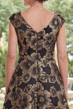 Vestido largo de madre de la novia Jacquard negro de línea en A con escote en V y largo vestido de madre de la novia