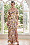 Camisón de champán con cuello ilusión, vestido largo bordado floral largo de madre de la novia con abertura