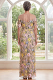 Camisón de champán con cuello ilusión, vestido largo bordado floral largo de madre de la novia con abertura