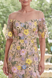 Camisón de champán con cuello ilusión, vestido largo bordado floral largo de madre de la novia con abertura