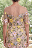 Camisón de champán con cuello ilusión, vestido largo bordado floral largo de madre de la novia con abertura