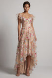 Corsé de tul A-Line Champagne bordado con flores altas y bajas Vestido de madre de la novia
