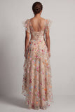 Corsé de tul A-Line Champagne bordado con flores altas y bajas Vestido de madre de la novia
