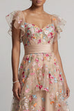 Corsé de tul A-Line Champagne bordado con flores altas y bajas Vestido de madre de la novia