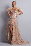 Vestido de Madre de la Novia bordado con corsé de tul A-Line Champán High-Low
