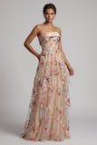 Corsé de tul A-Line Champán con hombros descubiertos Vestido floral de madre de la novia