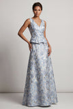 Vestido de madre de la novia azul polvoriento de línea A con escote en V y largo jacquard floral