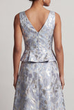 Vestido de madre de la novia azul polvoriento de línea A con escote en V y largo jacquard floral