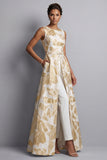 Champagne Jacquard con cuello barco y monos de la madre de la novia con bolsillos