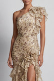 Vestido largo de sirena floral con volantes y abertura de sirena floral de champán