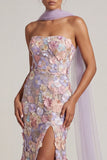 Vestido largo de sirena floral lila claro sin tirantes y abertura