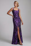 Vestido largo de madre de la novia floral de sirena de color púrpura oscuro con abertura
