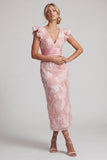 Vestido largo de madre de la novia, con cuello en pico, con cuello en pico y brillante y volantes