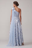 Azul celeste floral Línea A High Low Vestido de Madre de la Novia con lazo