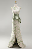 Vestido largo de Madre de la Novia con faja verde claro floral de sirena