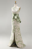 Vestido largo de Madre de la Novia con faja verde claro floral de sirena
