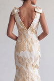 Vestido largo de sirena floral de champán brillante con lazos