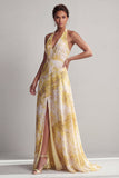 Vestido de madre de la novia con estampado floral amarillo A Línea A con abertura