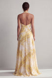 Vestido de madre de la novia con estampado floral amarillo A Línea A con abertura