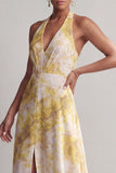 Vestido de madre de la novia con estampado floral amarillo A Línea A con abertura