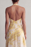 Vestido de madre de la novia con estampado floral amarillo A Línea A con abertura
