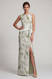 Vestido largo de madre de la novia verde claro floral con faja