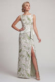 Vestido largo de madre de la novia verde claro floral con faja