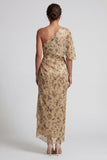 Vestido largo floral champán fruncido de madre de la novia con capa lateral