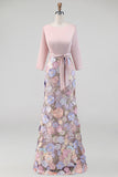 Vestido largo de sirena floral con cuello barco y bolsillos