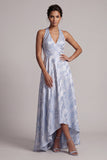 Vestido de madre de la novia Cabestro sin espalda Una línea azul cielo floral alto bajo