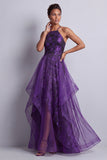 Vestido de madre de la novia con volantes con halter, morado oscuro y floral de línea A