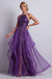 Vestido de madre de la novia con volantes con halter, morado oscuro y floral de línea A
