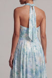 Ojo de cerradura verde claro Una línea floral largo vestido de madre de la novia con bolsillos