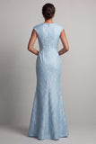 Vestido de Madre de la Novia con manga de sirena azul y abertura