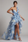 Vestido de Madre de la novia de un hombro azul polvoriento con volantes